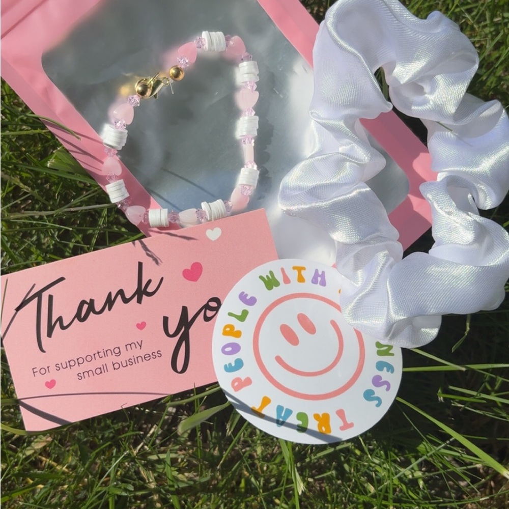 White Satin Scrunchie and Pink Beaded Bracelet Set